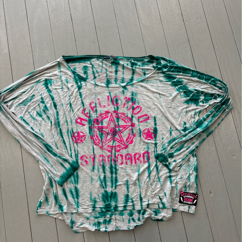 Affliction top womens large blue pink tie dye fighter‎ tunic folklore grunge y2k